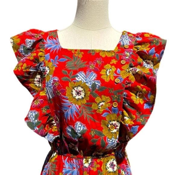 Molly Bracken red floral midi dress with ruffle sleeve size small - Picture 10 of 16